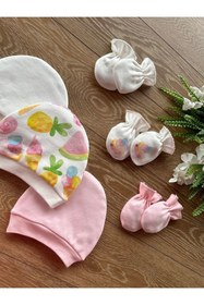 Resim Renkli Puset Organik 6'lı Yenidoğan Bebek Eldiven Şapka Takımı Cupcake 