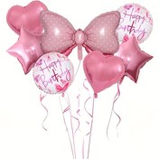 Resim 7 adet Pembe Kurdele Temalı Doğum Günü Alüminyum Folyo Balon Seti - Mutlu Doğum Günü Metni ve Parlayan Yıldızlar ile Kendinden Yapışkanlı, Helium Gerektirmez, Dayanıklı Parti Arka Plan Süslemeleri - Doğum Günü Kutlamaları, Doğum Günü Balonları, Kutlama Aksesuarları, Şenlik Tasarımı, Kendinden Yapışkanlı Balonlar 