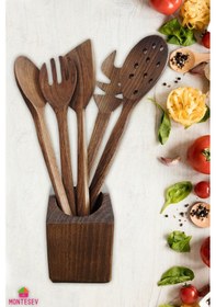 Resim Doğal Diş Budak Ağacı Standlı Ahşap Ceviz Ağacı Kaşık Seti Yemek Kaşık Seti Ahşap Kaşıklık 6 Parça Kahverengi 