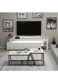 Resim Beliz LED Işıklı TV Sehpası ve Minimal 2'li Orta Sehpa Takımı – Beyaz – Modern Oturma Odası Seti 