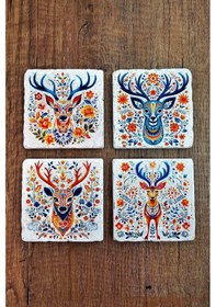 Resim Doğal Taş Bardak Altlığı 4'lü Set 10x10x1 Cm Renkli Geyik Desen Baskılı-stone Coasters Çok Renkli 