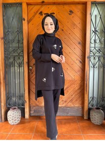 Resim AYSUN AYDEMİR üçgen payet detaylı siyah tasarım tesettür eşofman takımı 