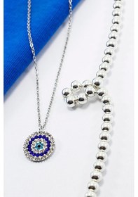 Resim Paslanmaz Gümüş Renkli Çelik Zincir İle Parlak Taşlı Nazar Boncuğ Çok Renkli 