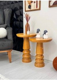 Resim ASELYA HOME Ahşap 2’li Set Mantar Yan Sehpa Modern Meşe Renk Fiskos Zigon Çiçeklik 