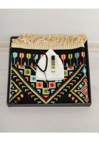 Resim Erkekler İçin Seccade Takke Tesbih Esans Hediyelik Seti Kilim Desenli Kadife Astarlı Seccade Ve Özel Kutulu Lüks Hac Umre Hediyesi Siyah 