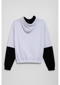 Resim Kadın Kapüşonlu Cepli Siyah-beyaz Crop Sweatshirt Beyaz 