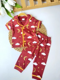 Resim Bebek Kırmızı Bulut ve Ay Desenli Pijama Takımı 