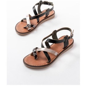 Resim 205-08 Siyah Garni Ortopedik Hakiki Deri Kadın Sandalet 