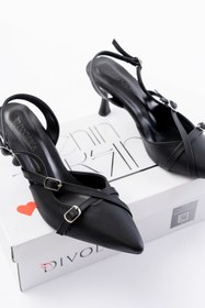 Resim Divolya Pony Siyah ( 8 CM TOPUKLU ) Sivri Burun Kapalı Tokalı Arkası Açık Stiletto Ayakkabı 