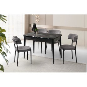 Resim Kelebek Irony Ahşap Salon Yemek Masa Sandalye Takımı 4 Sandalyeli Ortadan Açılır Büyüyen 90x160 Merm Siyah Mermer-gri 