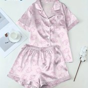 Resim Hello Kitty Sanrio Pijama Şortları Kısa Kollu ve Açık İşlemeli Düğmeler Saten Pijama Takımı 