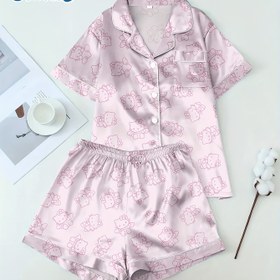 Resim Hello Kitty Sanrio Pijama Şortları Kısa Kollu ve Açık İşlemeli Düğmeler Saten Pijama Takımı 