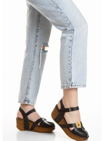 Resim İç Dış Hakiki Deri Dolgu Taban Önü Kapalı Kadın Sandalet Siyah 