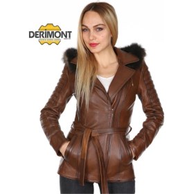 Resim Deriwork Hakiki Kuzu Derisi Kahverengi Beli Kemerli Kürklü Kadın Ceket Kahverengi 
