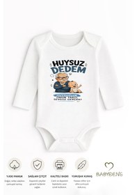 Resim Babyden's Huysuz Dedem Baskılı Unisex Bebek Body %100 Pamuk Yenidoğan Zıbın, Uzun Kol Çıtçıtlı Bebek Badi Beyaz 