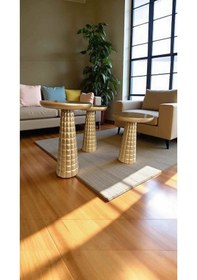 Resim Dekoratif 3 Lü Ahşap Mantar Yan Sehpa Takımı Altın Varak Renk Bej 