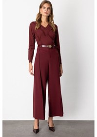 Resim On Kadın Beli Kemerli Bol Paça Pantolon 64133 Bordo Bordo 