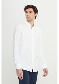 Resim AC&Co / Altınyıldız Classics Erkek Beyaz Slim Fit Dar Kesim Düğmeli Yaka Armürlü Gofre Desenli Gömlek Beyaz 