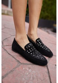 Resim Toscana Kadın Siyah Gercek Suet Pim Detay Babet Siyah 