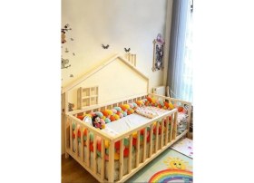 Resim Köşk Mobilya Masal Doğal Montessori Bebek ve Çocuk Karyolası tüm Ölçülerde Yarım Çatılı 