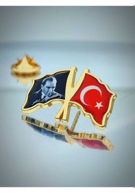 Resim Yörük Tasarım Türk Bayrağı & Atatürk Altın Kaplama Mineli Döküm Yaka Rozeti 