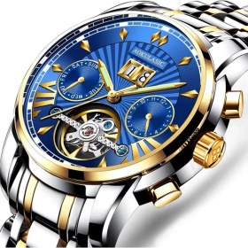 Resim Hanyang Mavi Altın Poedagar Rahat Erkek Saatler Top Marka Lüks Otomatik Mekanik Iş Izle Erkekler Su Geçirmez Reloj Hombres Tourbillon (Yurt Dışından) 