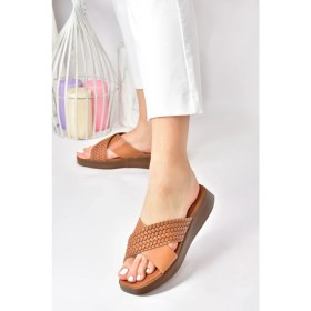 Resim Fox Shoes Taba Hakiki Deri Çapraz Bantlı Kadın Terlik M291049903 