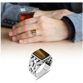 Resim Zincir Tasarım Kaplan Gözü Taşlı 925 Ayar Gümüş Erkek Yüzük (457819387) 