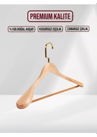 Resim Naturel Ahşap Gold Lama Kancalı Pabuçlu Takım Elbise Askısı Ahşap 