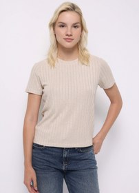 Resim Regular Fit Yuvarlak Yaka Düz Kadın Bej Kısa Kol Tişört 