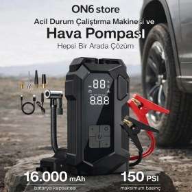 Resim On6 Store Acil Durum Akü Takviye Cihazı + 150 Psı Dijital Hava Kompresörü | Taşınabilir Oto Lastik Şişirme ve Jump Starter 