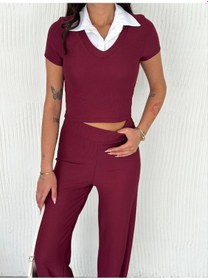 Resim Ottoman Kumaş Beyaz Gömlek Yaka Takım S4142 Bordo 