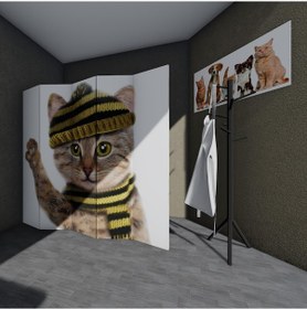 Resim Doğal Ahşap Çıtalı Kedi Baskılı Paravan Oda Bölme 5 Kanat 