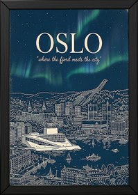 Resim Oslo Line Art Print - Navy Opera House Fjord Aurora Borealis Skyline Wall Art - Wooden Frame - White / 8,3 x 11,7" (21x30) 