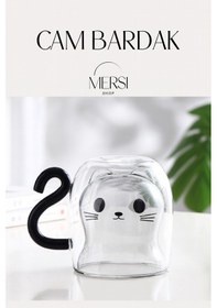 Resim Kedi Figürlü Çift Cidarlı Cam Bardak 330 Ml Borosilikat Isı Yalıtımlı Sevimli Tasarım Cam 