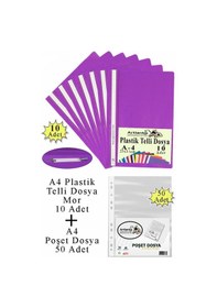 Resim Telli Dosya Plastik A4 10 Lu Ve Poşet Dosya 50 Li 1 Paket Ekonomik Kaliteli Şeffaf Kapak Telli Dosya Okul Büro Ofis Mor 
