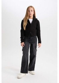 Resim DeFacto Kız Çocuk Basic Düz Dik Yaka Fermuarlı Siyah Triko Hırka C9557A824WNBK27 Siyah 