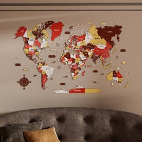 Resim Renkli Baskılı 3D Ahşap Dünya Haritası (Terracotta) - 240x150 cm / Türkçe 