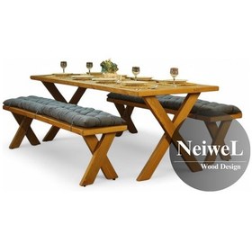 Resim Neiwel Koen Doğal Ahşap Banklı Yemek Masası Takımı-100-320 Takım Açık Ceviz 