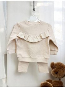 Resim Zekids Kız Çocuk Pamuklu Fırfır Detaylı Taytlı Takım-14295 Krem 