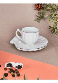 Resim Elta Collection 2 Kişilik Porselen Türk Kahve Fincan Takımı İstiridye Desenli Tabak Gerçek Gümüş Yaldızlı Gümüş 2 Li 