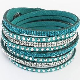 Resim Parlak Taşlı Şık Çok Katmanlı Suni Deri Bileklik - Partiler & Sevgililer Günü Hediyesi İçin Mükemmel, Avrupa Tarzı, Uzun, Dokuma 
