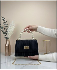 Resim Siyah Çizgili Desenli İncili Gold Zincir Askılı Portföy Omuz Ve El Çantası E18 B12 siyah 