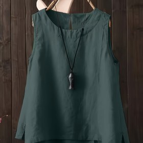 Resim Kadınlar için Günlük Kolsuz Yuvarlak Yaka Tank Top - Koyu Yeşil Düz Renk, Gevşek Kesim Nefes Alabilen Kumaş İlkbahar Yaz Sonbahar Katmanlama Temel Parça, Çok Yönlü Kullanım, Minimalist Estetik, Basit Yaka 