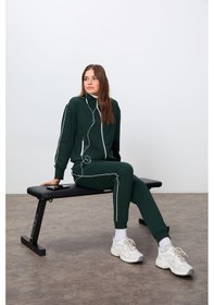 Resim Tommy Life Çam Yeşili Kompakt Pamuklu Kalın Pürüzsüz Dokulu Dik Yaka Oversize Fit Kadın Eşofman Takım - 95340 Yeşil 