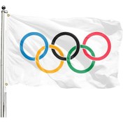 Resim 2024 Olimpiyat Oyunları Bayrağı 3x5 Ayak, Kış Olimpiyatları Halkaları Uluslararası Kutlama Dekorasyonu Açık Hava İç Mekan Afişi Canlı Renkli Uv Solmaya Dayanıklı Afiş Olimpiyat Oyunları Bayrağı 