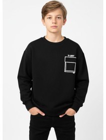 Resim Baskı Detaylı Bisiklet Yaka Erkek Çocuk Sweatshirt-90913 Siyah 