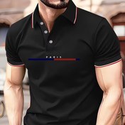 Resim Mavi ve kırmızı şerit desenli Golf Tişörtü Rahat Kısa Kollu Polyester Düğmeli Hafif Esneklik 