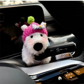 Resim Mufunye Küçük Köpek Figürü Plüsh Araba Dekorasyonu - Vites, Sinyal Ve Ayna Takımı Pembe Şapkalı Beyaz 