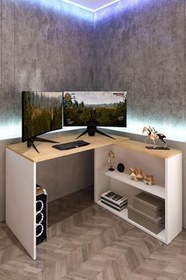 Resim L Çalışma Masası Bilgisayar Masası Dolaplı Kitaplıklı Meşe Beyaz 